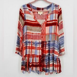 ✨ ANTHROPOLOGIE Maeve Lila Tiered Tunic Plaid Boho Peplum Top Blouse L EUC
